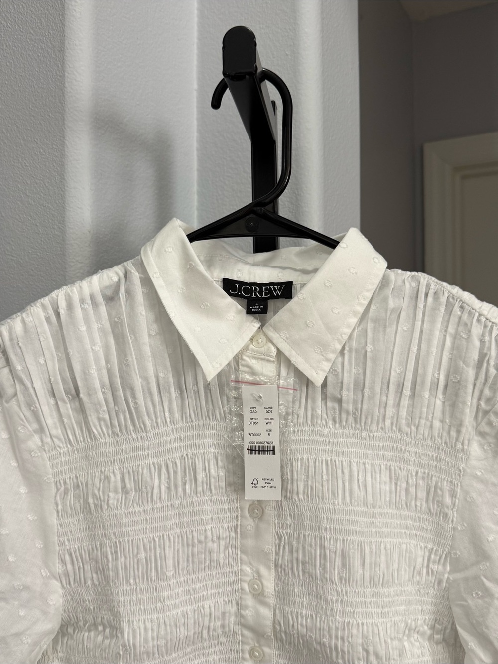 NWT J. Crew Women White Collared Polka Dot Smocked Button Up Shirt Cotton Small - Picture 3 of 7